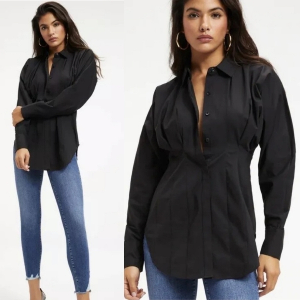 Good American Dart Popplin Button Down Shirt  Women's Small Black V-Neck